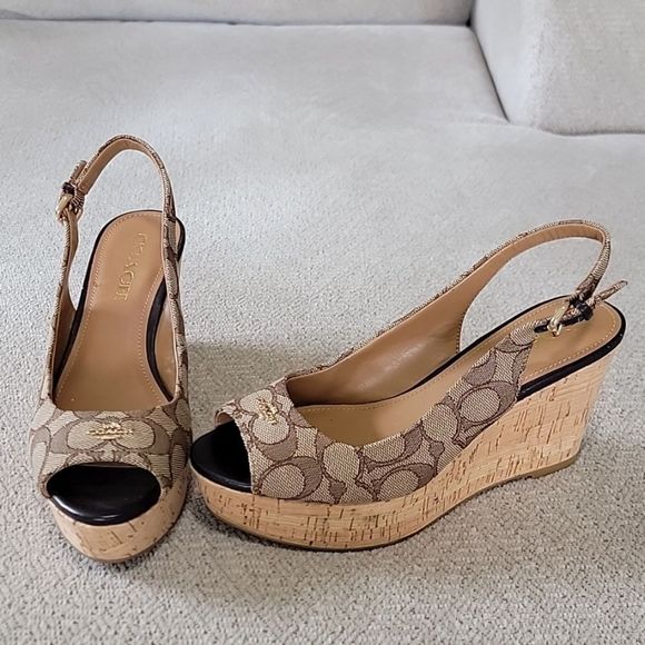 Coach Shoes - Coach Ferry Signature Brown Slingback Open Toe Wedge Sandals - Size 7